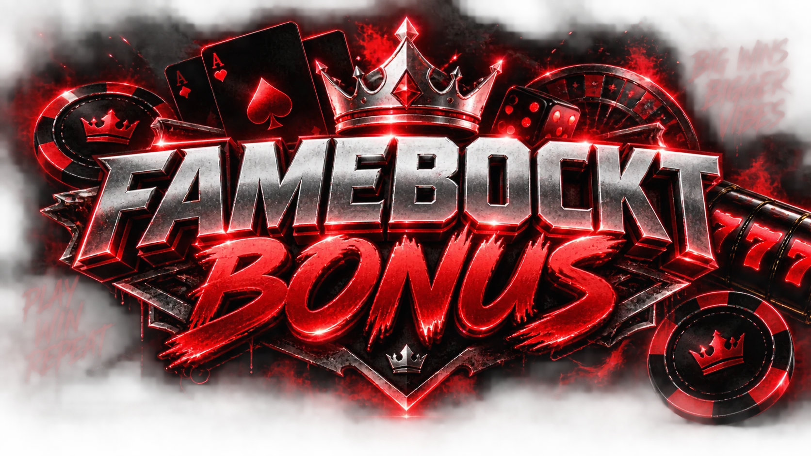 Famebockt Bonus — Markenbanner in Rot und Silber mit Krone und Spielkarten